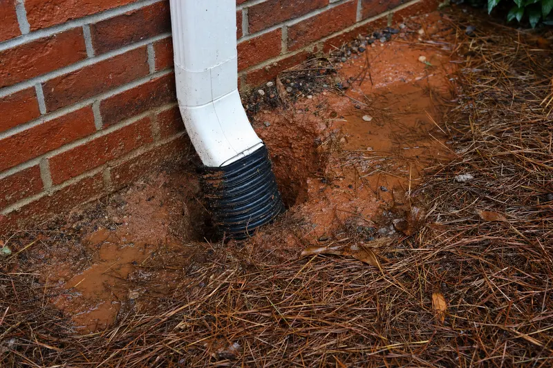 The bottom of a white downspout entering a black corrugated drain pipe in washed-out red clay beside a brick wall