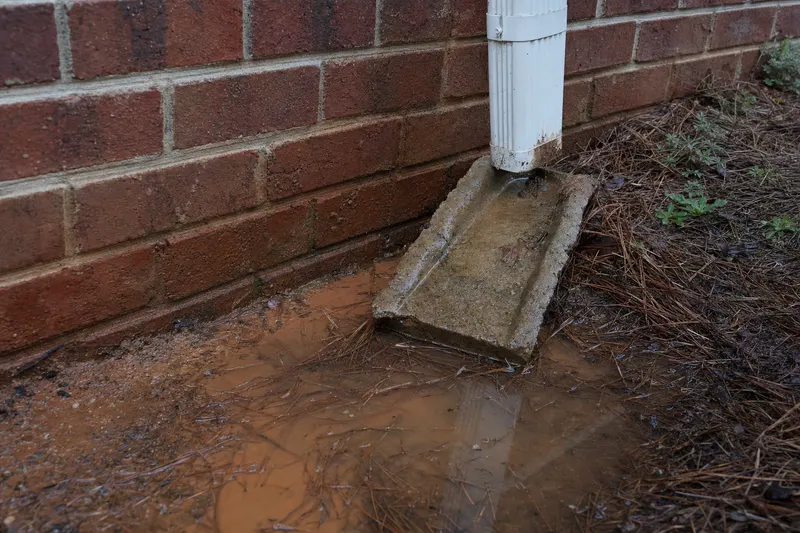 Rainwater pooling against a brick foundation beside a tipped concrete splash block under a downspout