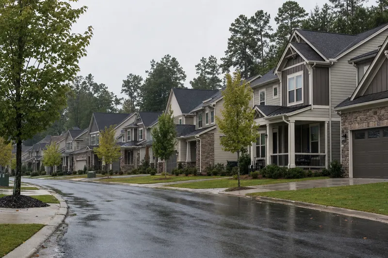 A wet residential street lined with two-story craftsman houses with stone accents, porches and white gutters, pines behind