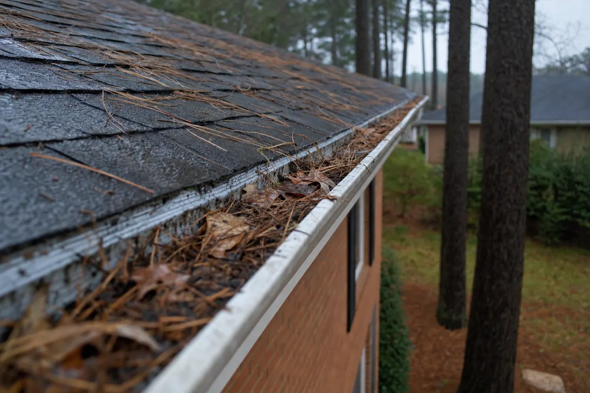 A white gutter on a brick ranch house packed with wet pine straw, seen along the roof edge