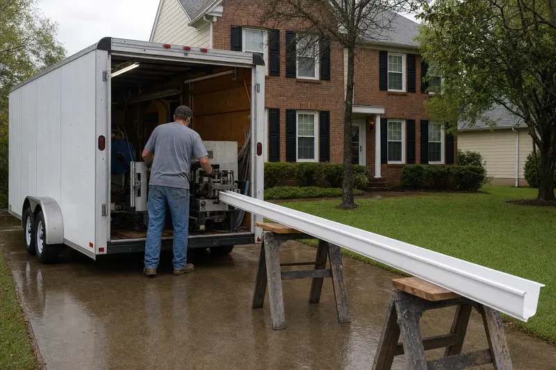 A length of new white gutter coming out of a forming machine in a work trailer and resting on sawhorses in a driveway