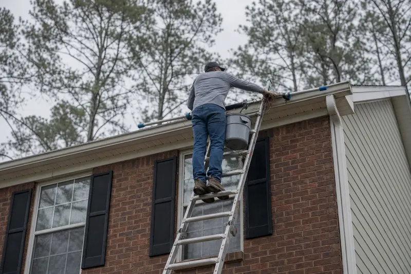 A worker on an extension ladder scooping wet leaves and pine straw out of a second-story gutter into a bucket